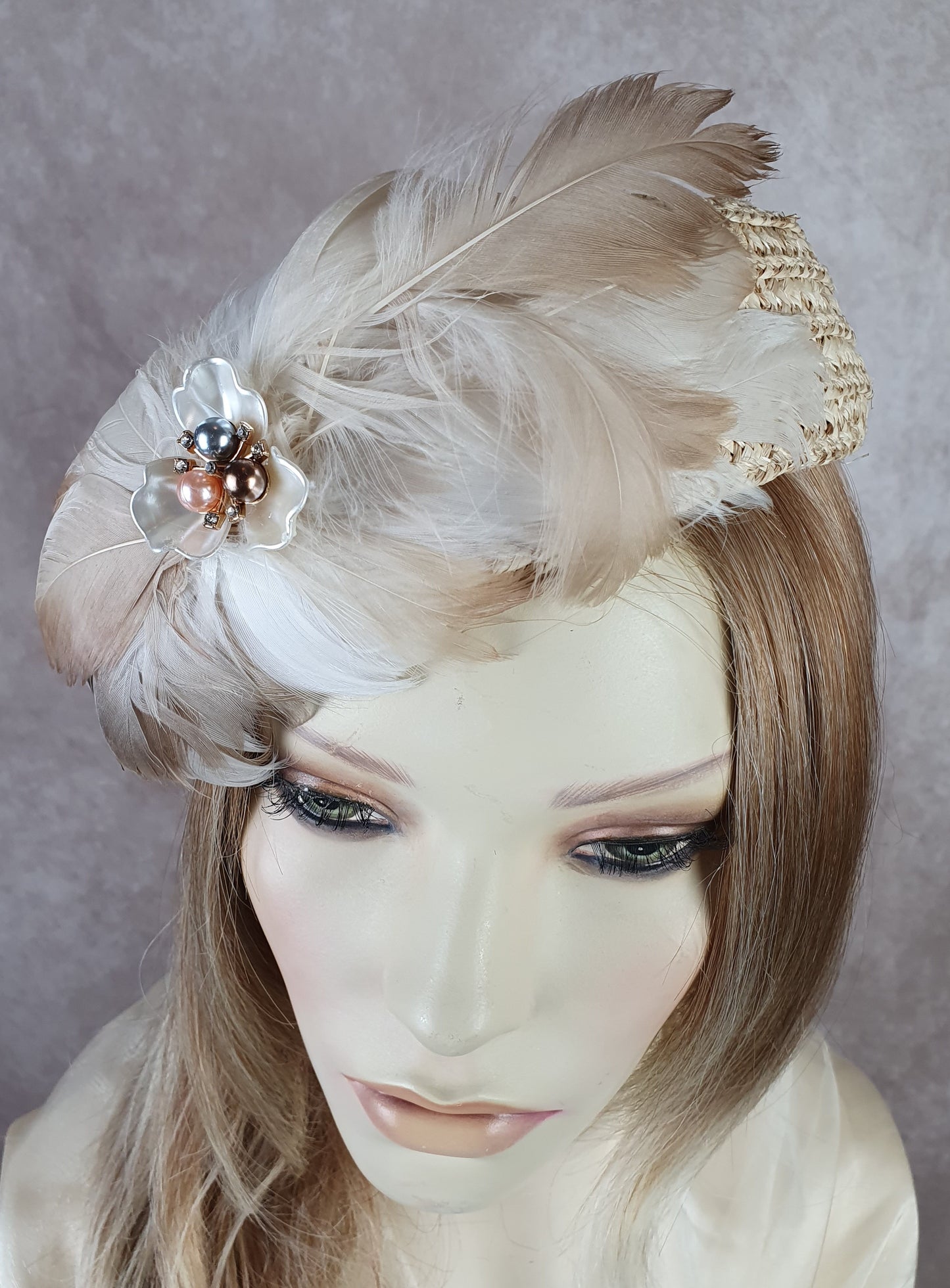 Handmade beige straw pillbox hat with swan feathers, elegant ladies headdress, summer hat for weddings and special events.