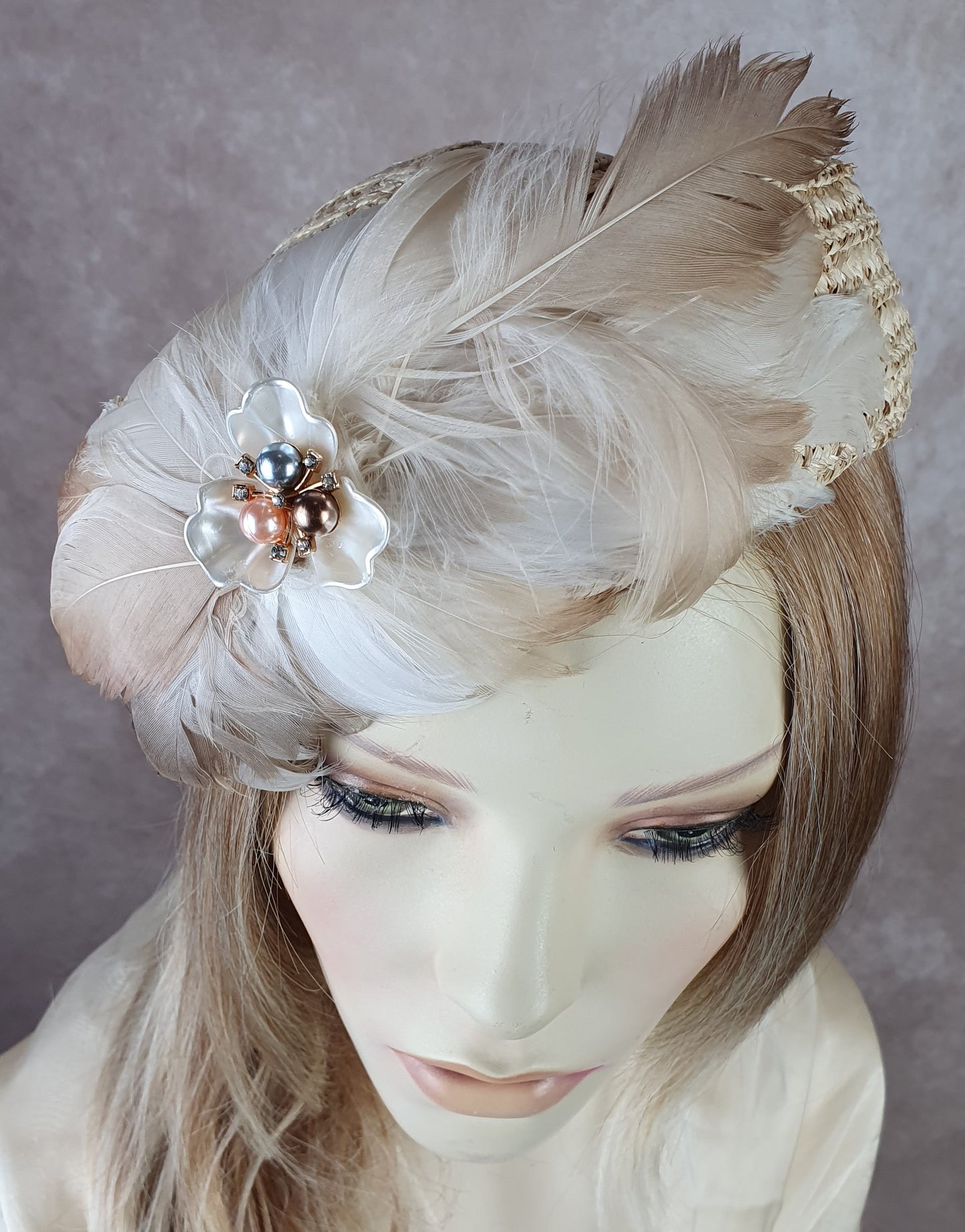 Handmade beige straw pillbox hat with swan feathers, elegant ladies headdress, summer hat for weddings and special events.