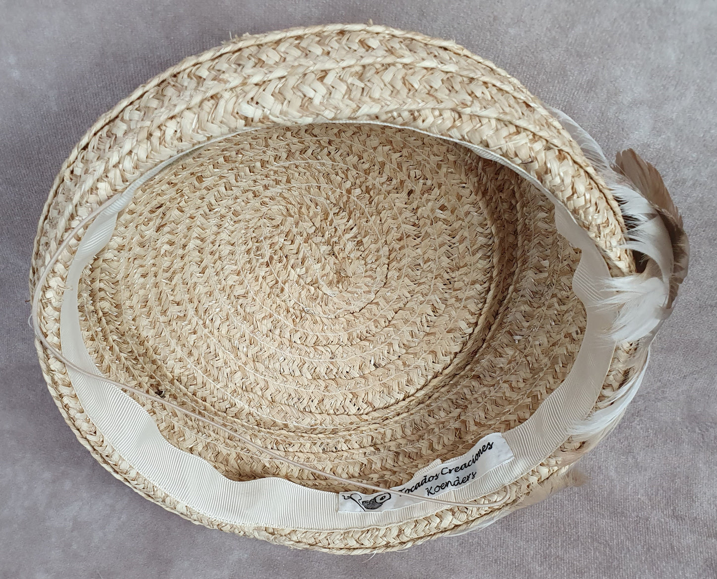 Handmade beige straw pillbox hat with swan feathers, elegant ladies headdress, summer hat for weddings and special events.