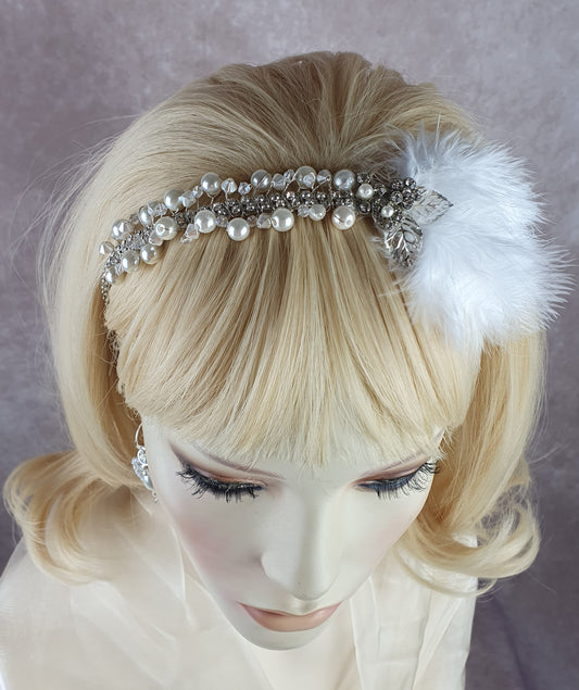 Bridal tiara with swan feathers and pearls wedding tiara- Handmade tiara bridal wedding, headdress event tiara, hair accessories