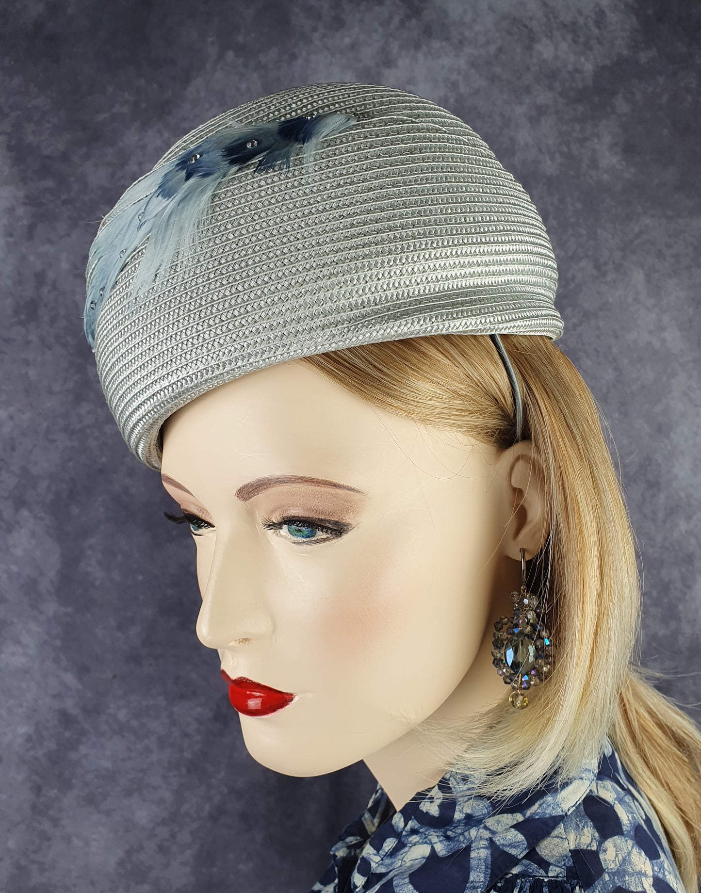 Elegant handmade polypropylene hat, gray with swan feathers for women - summer hat, unique fascinator, special occasions