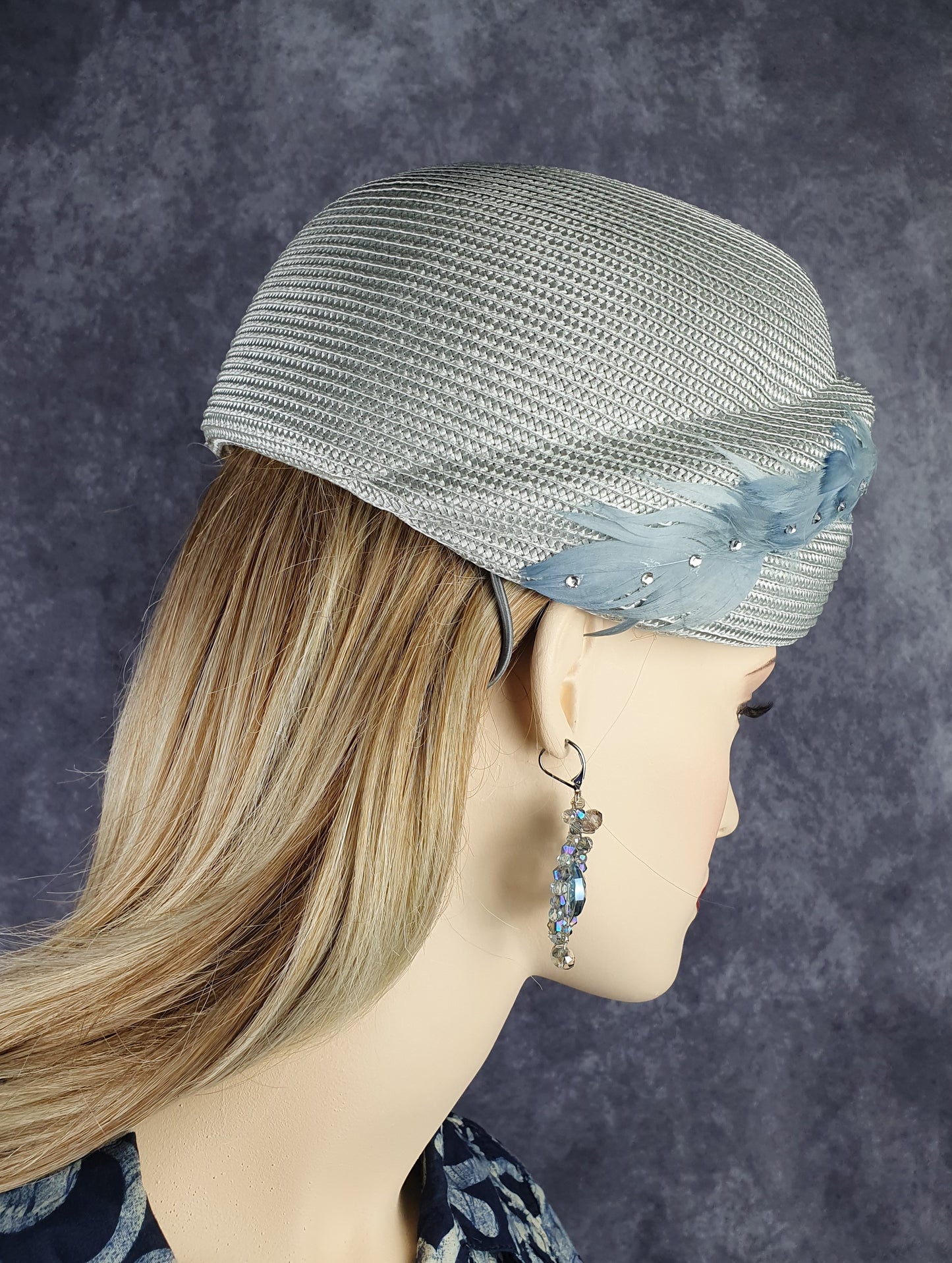 Elegant handmade polypropylene hat, gray with swan feathers for women - summer hat, unique fascinator, special occasions