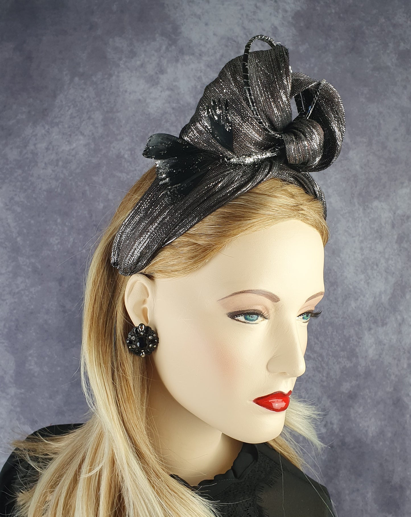 Handmade headband silver Black Metallic Silk Abaca with ostrich feathers - perfect for special occasions, diadem for parties