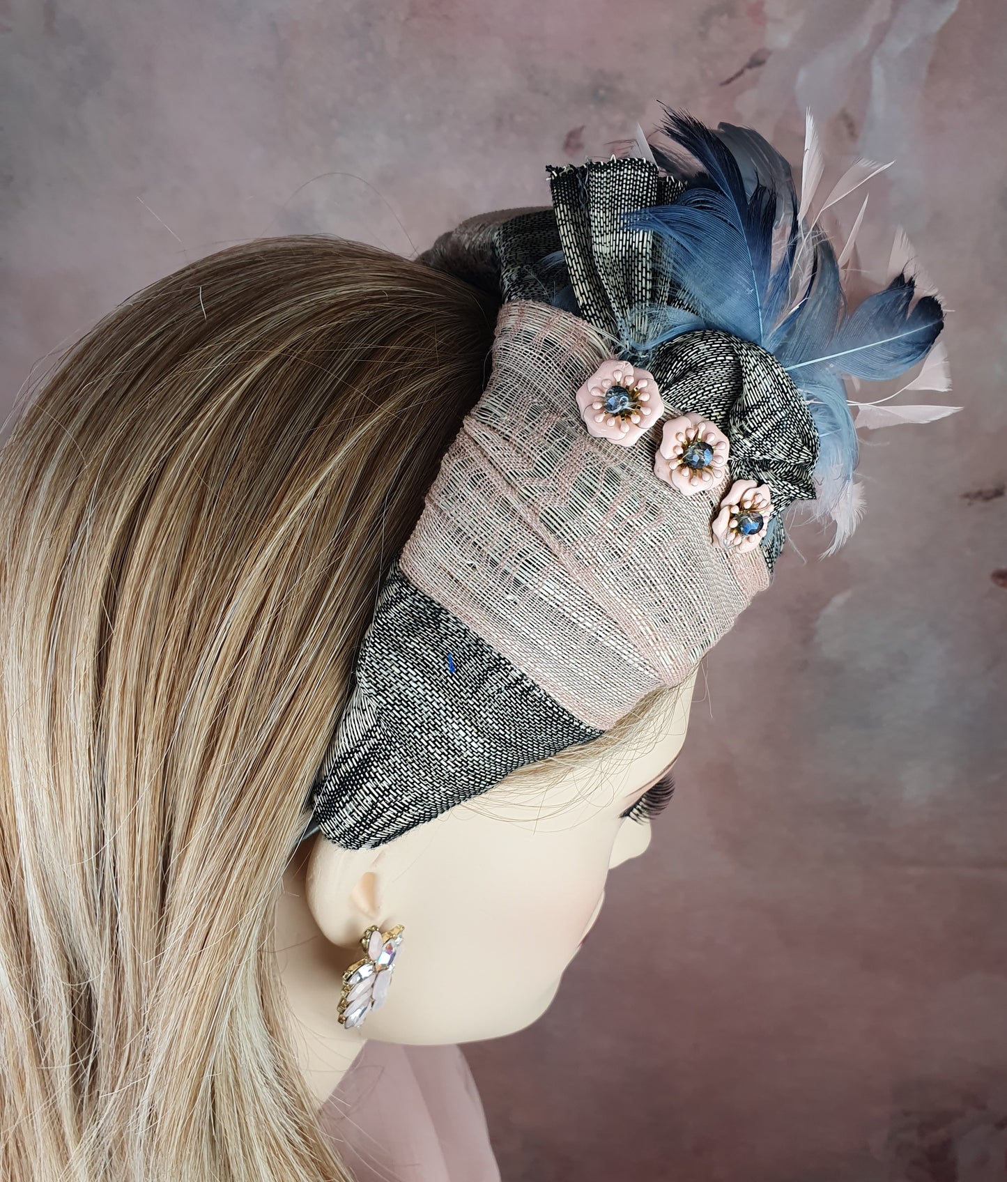 Handmade headband pink and gray made of silk abaca, decorated with swan feathers, beautiful tiara for a special event or occasion