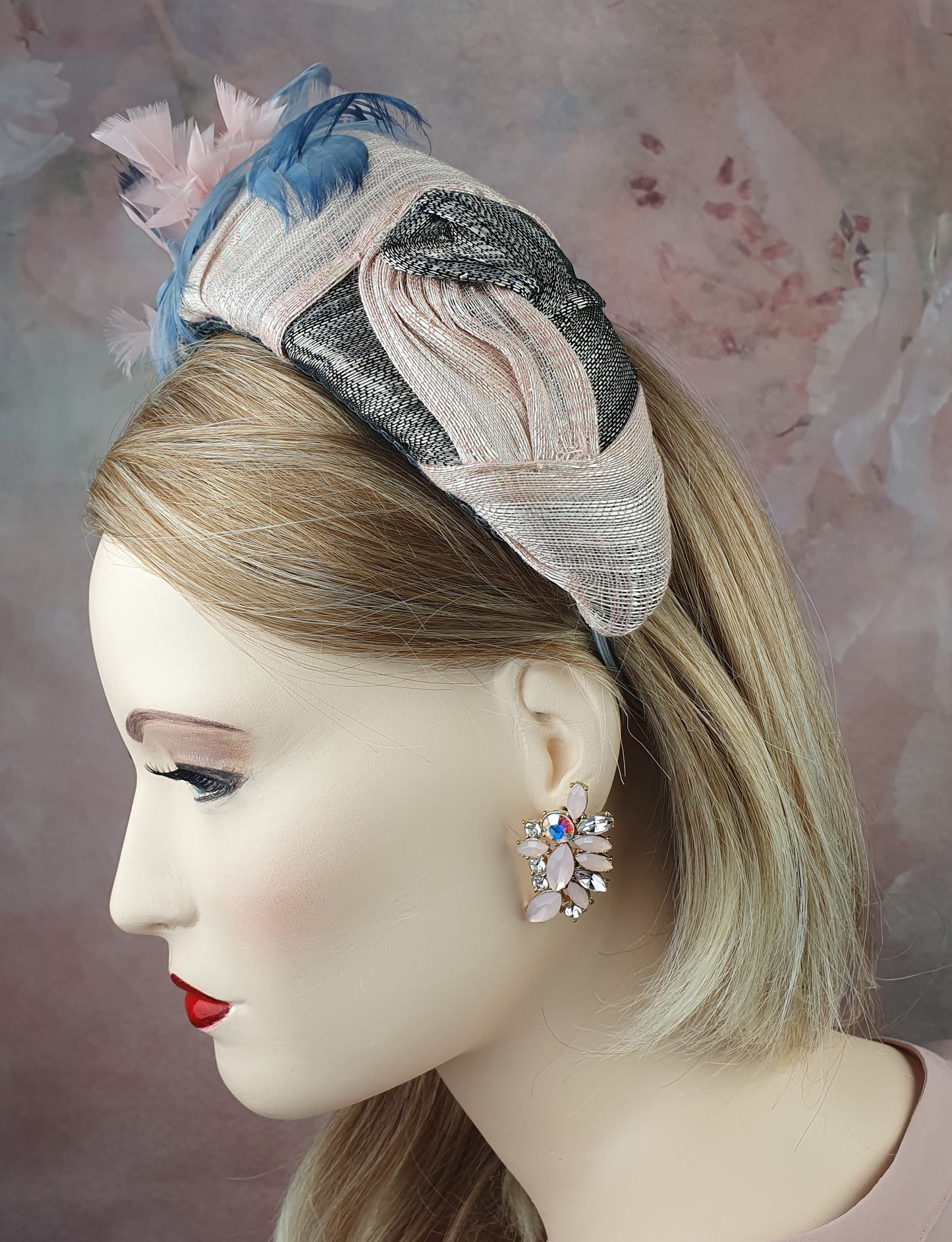 Handmade headband pink and gray made of silk abaca, decorated with swan feathers, beautiful tiara for a special event or occasion