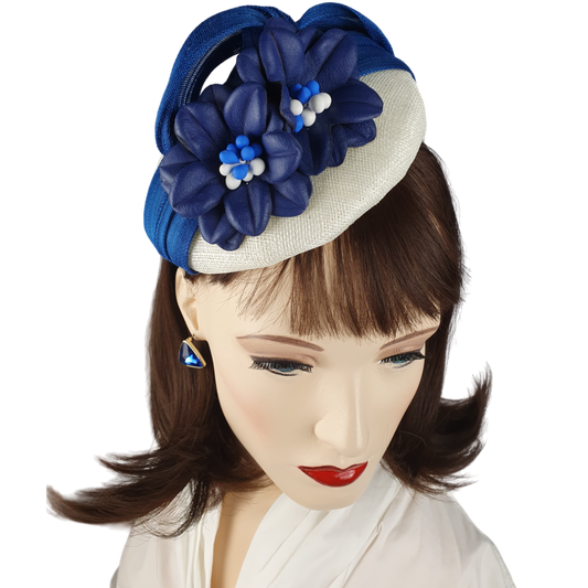 Handmade white sinamay headdress with blue leather flowers, elegant wedding fascinator, ladies headdress