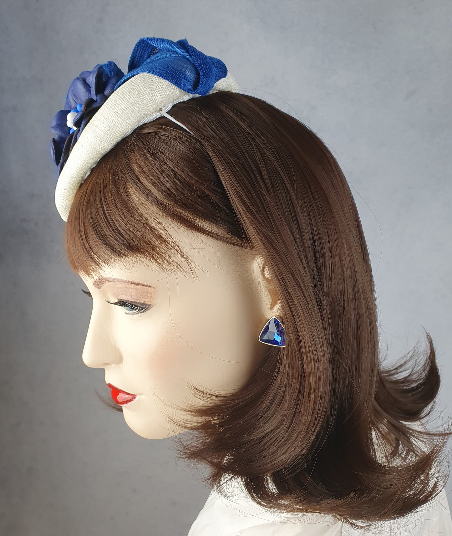 Handmade white sinamay headdress with blue leather flowers, elegant wedding fascinator, ladies headdress