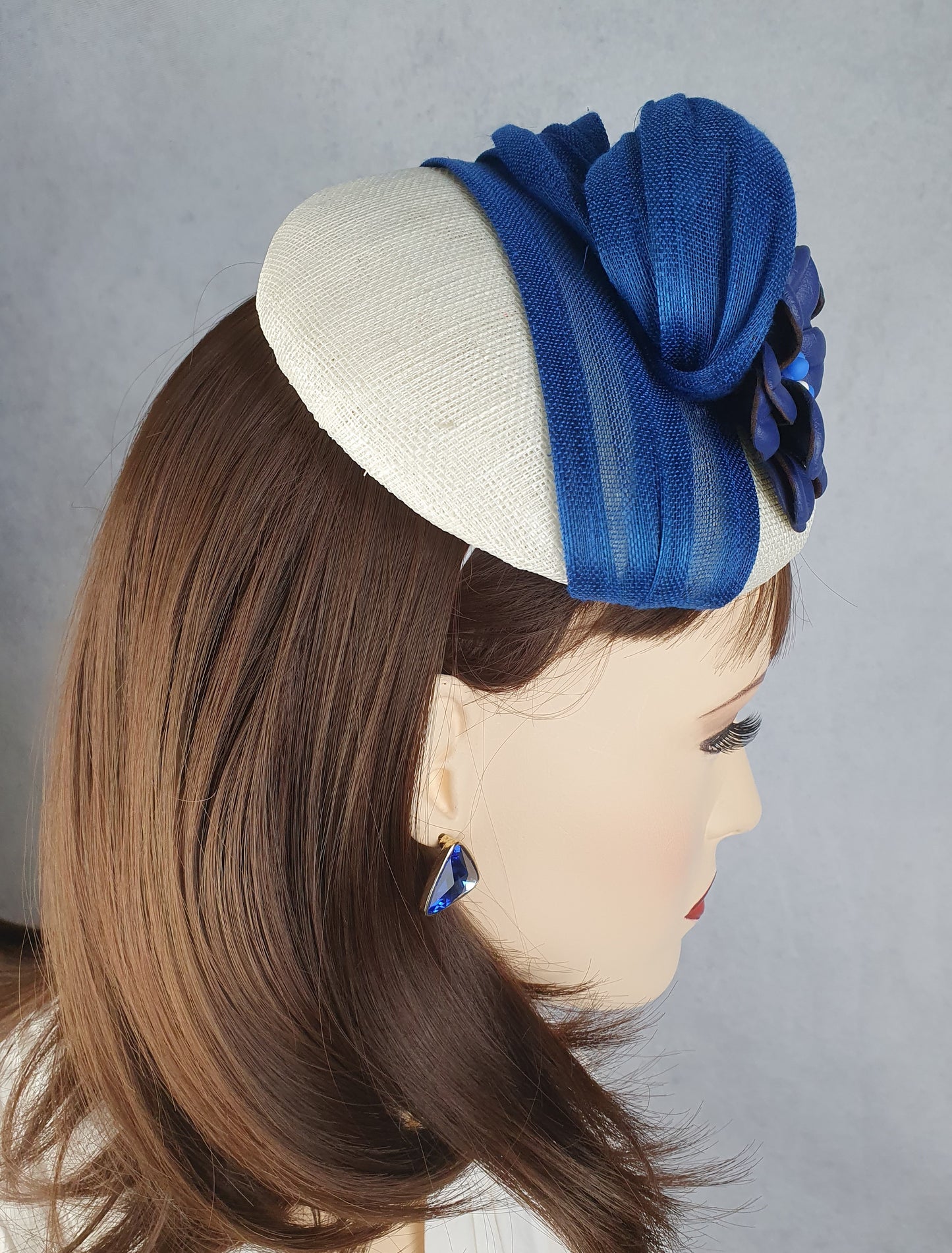 Handmade white sinamay headdress with blue leather flowers, elegant wedding fascinator, ladies headdress