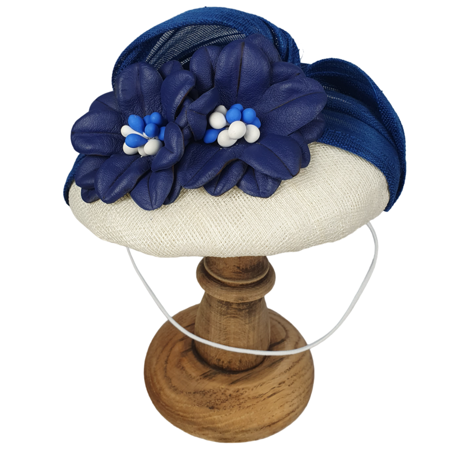 Handmade white sinamay headdress with blue leather flowers, elegant wedding fascinator, ladies headdress