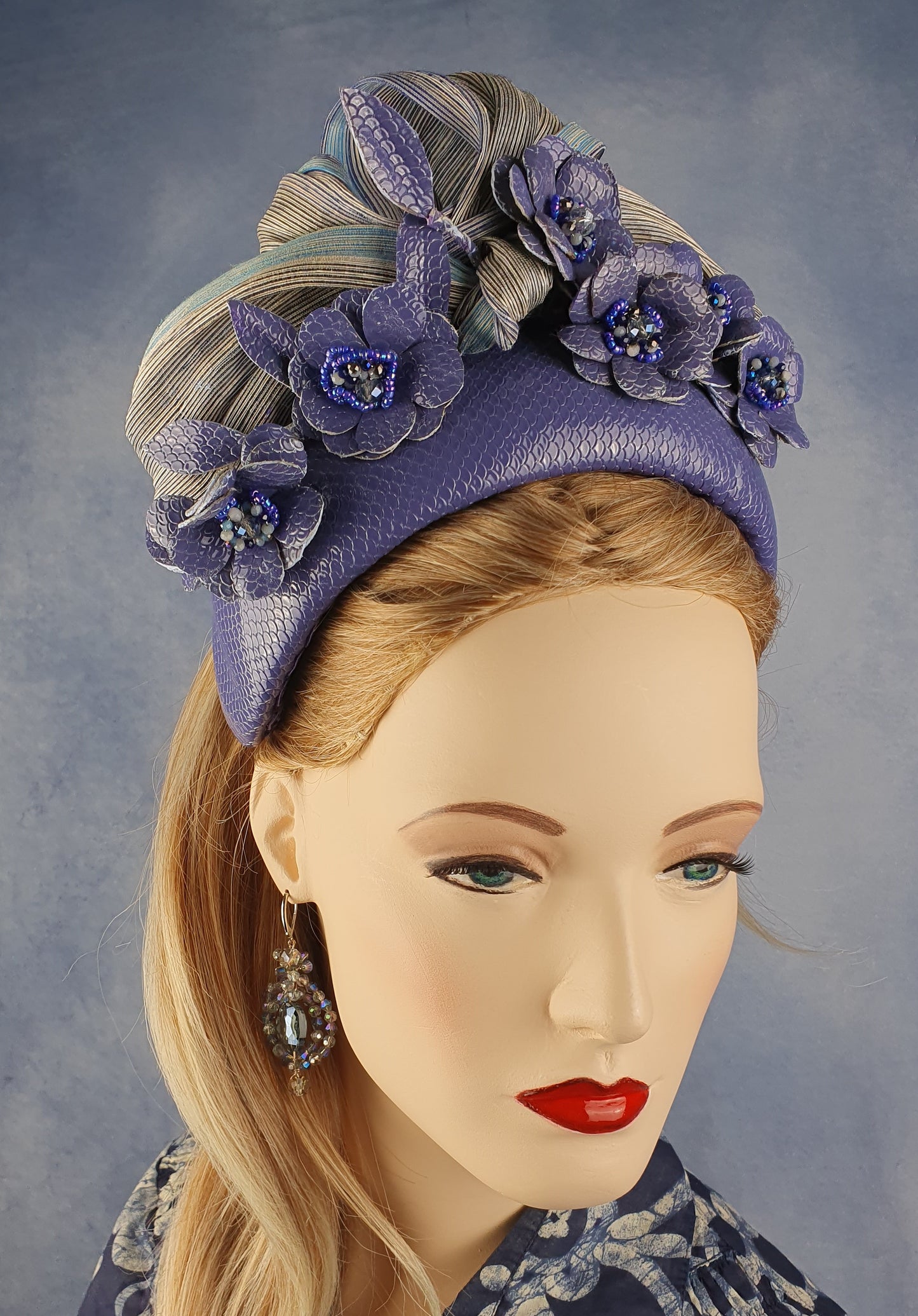 Handmade purple and blue headband from natural leather with flowers and silk abaca - beautiful headband, festive unique diadem