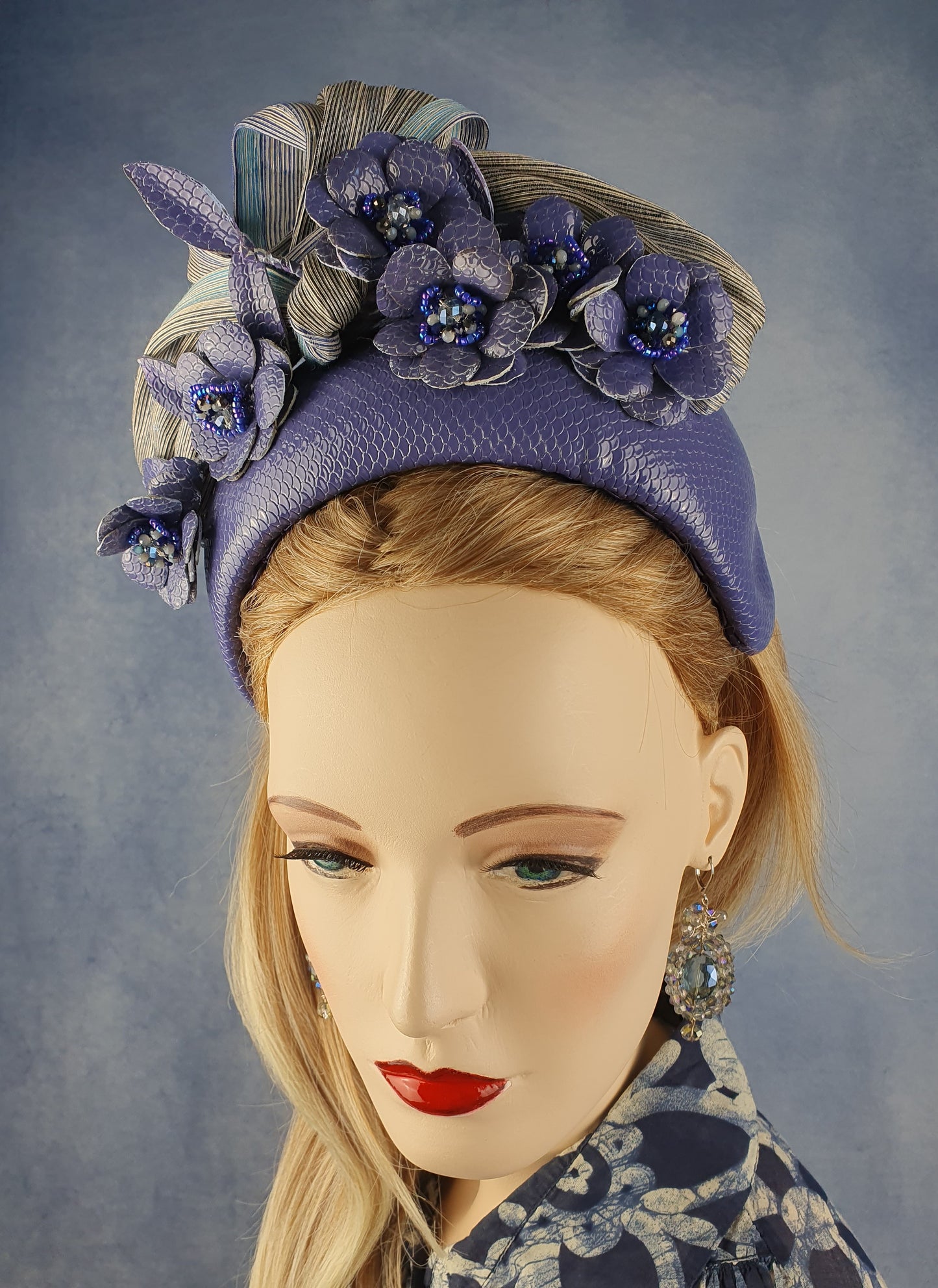 Handmade purple and blue headband from natural leather with flowers and silk abaca - beautiful headband, festive unique diadem