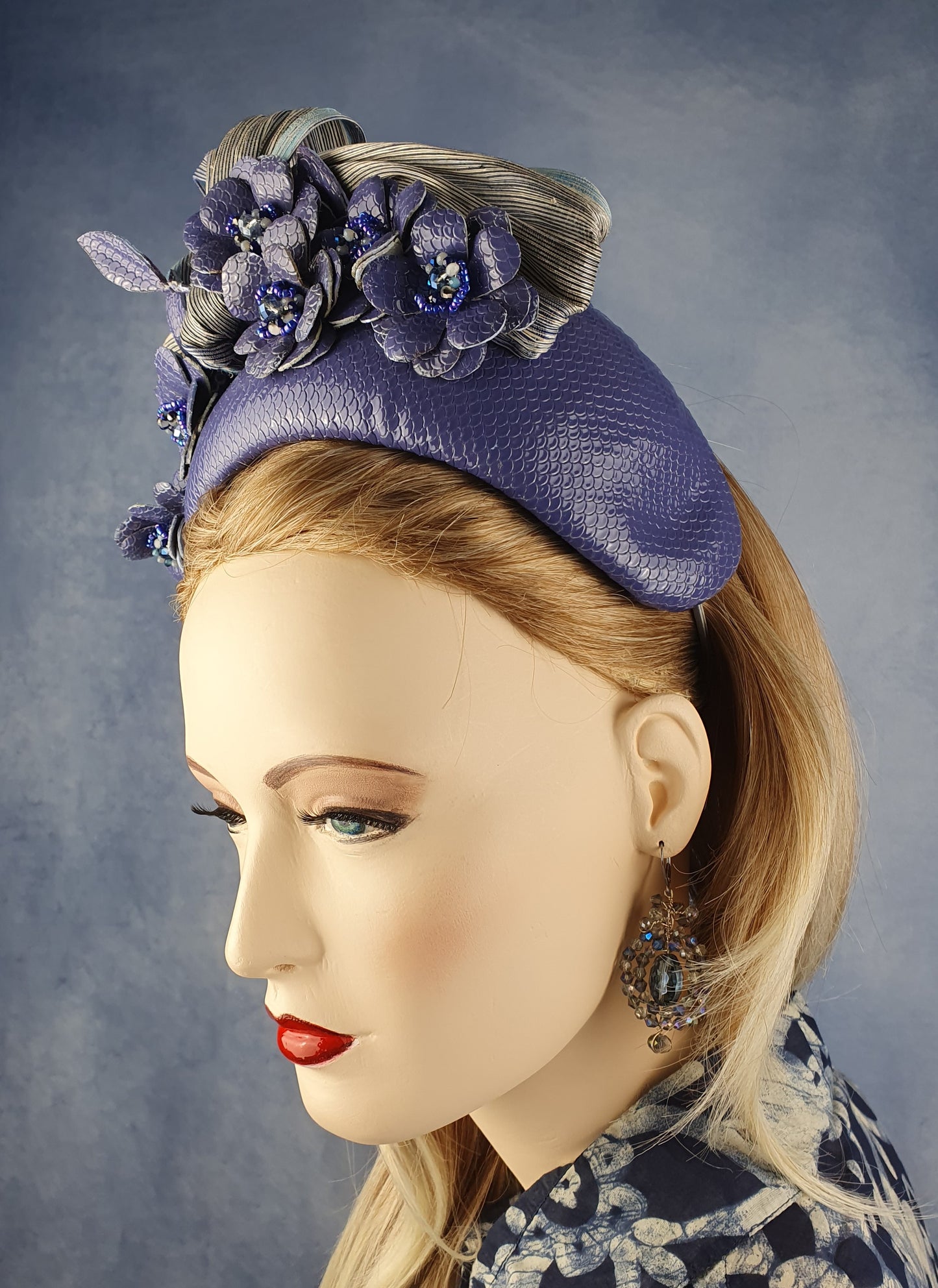 Handmade purple and blue headband from natural leather with flowers and silk abaca - beautiful headband, festive unique diadem