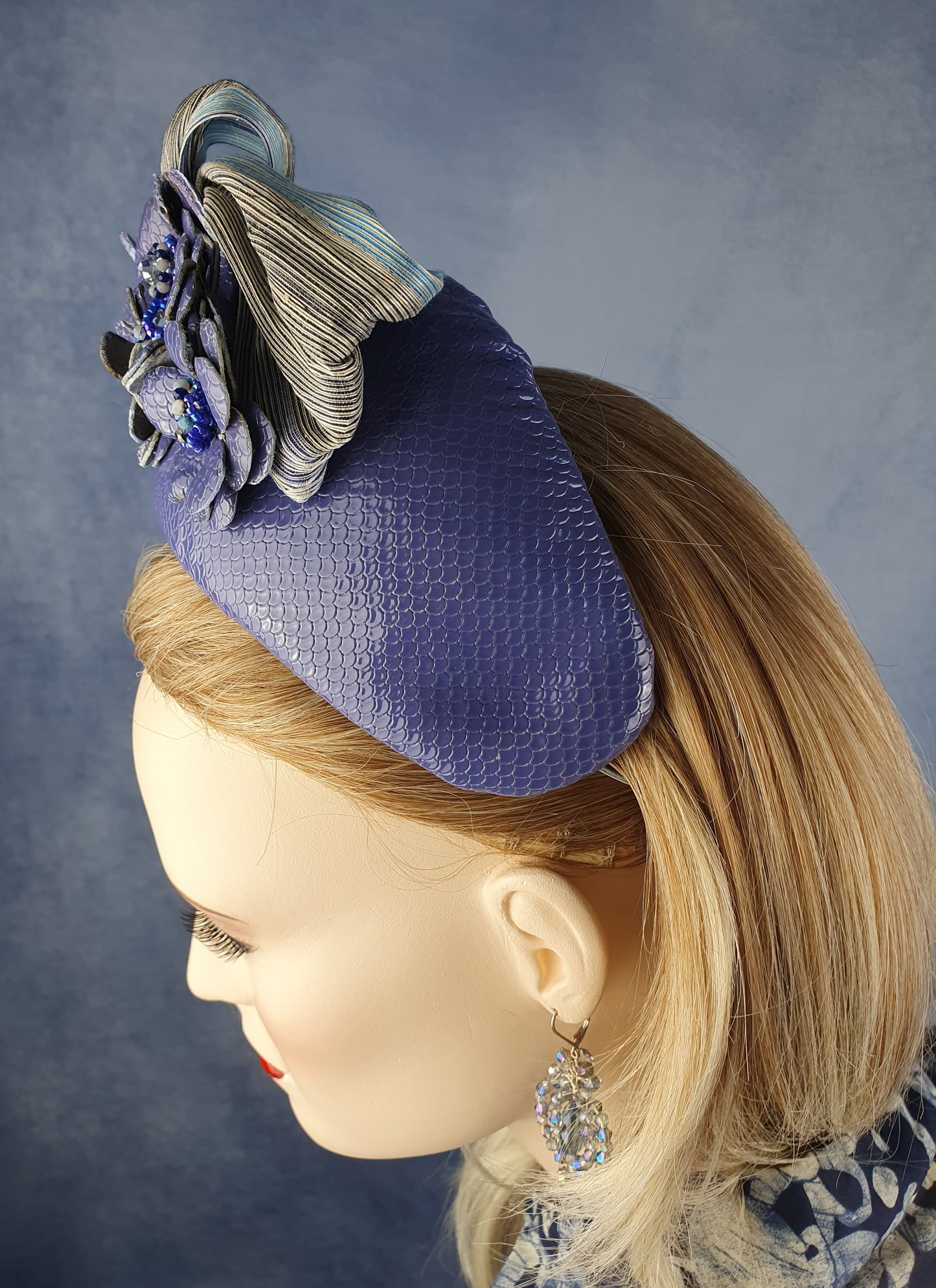 Handmade purple and blue headband from natural leather with flowers and silk abaca - beautiful headband, festive unique diadem