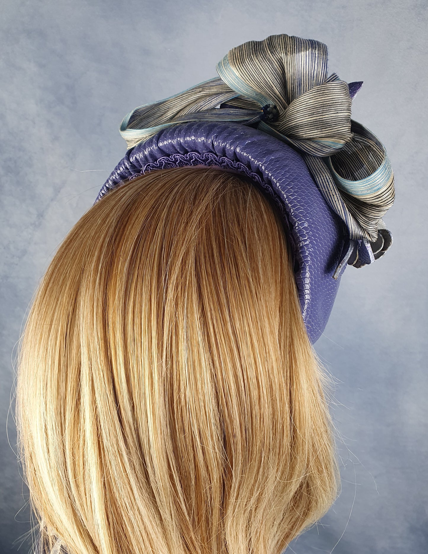 Handmade purple and blue headband from natural leather with flowers and silk abaca - beautiful headband, festive unique diadem