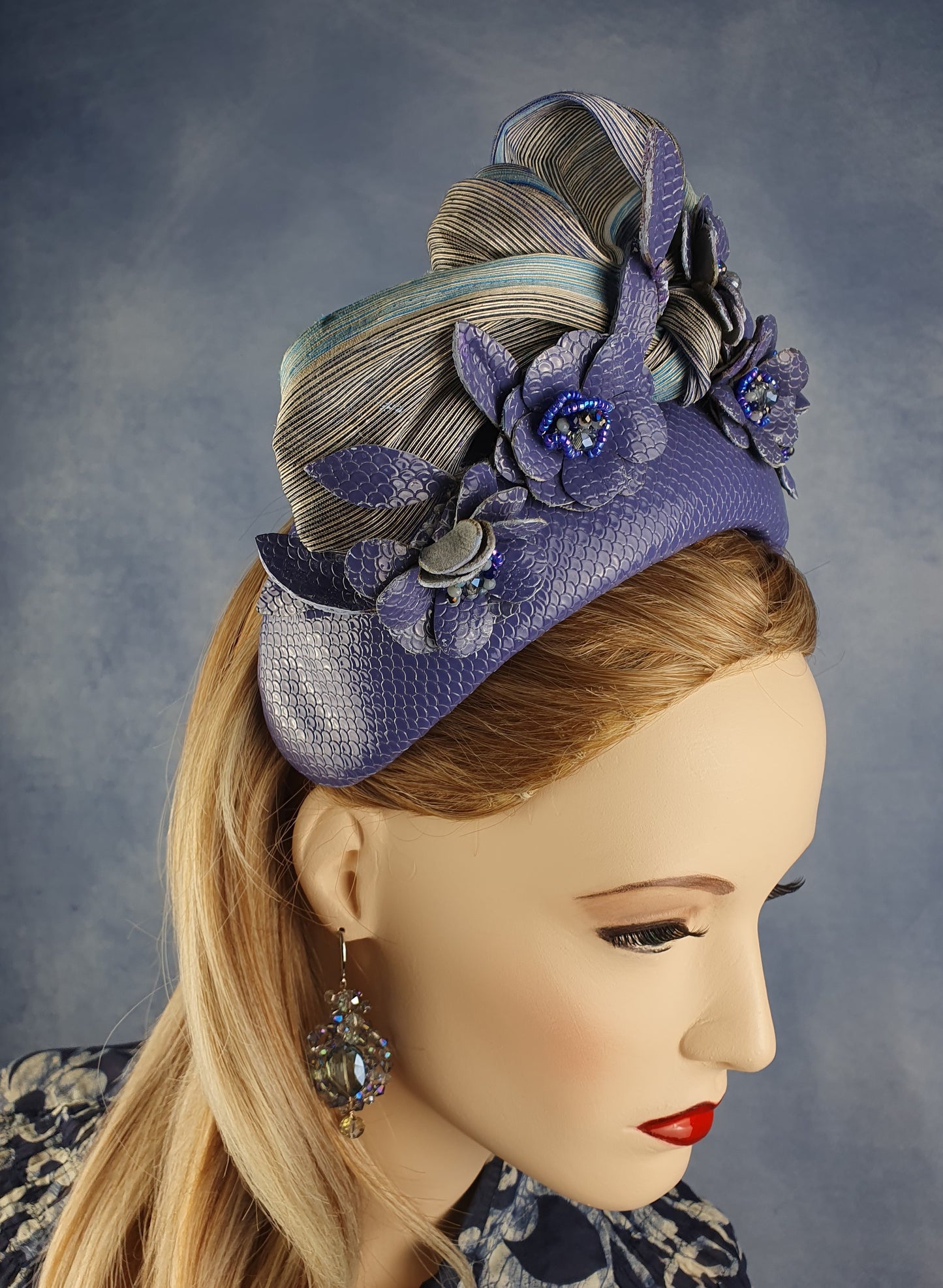 Handmade purple and blue headband from natural leather with flowers and silk abaca - beautiful headband, festive unique diadem