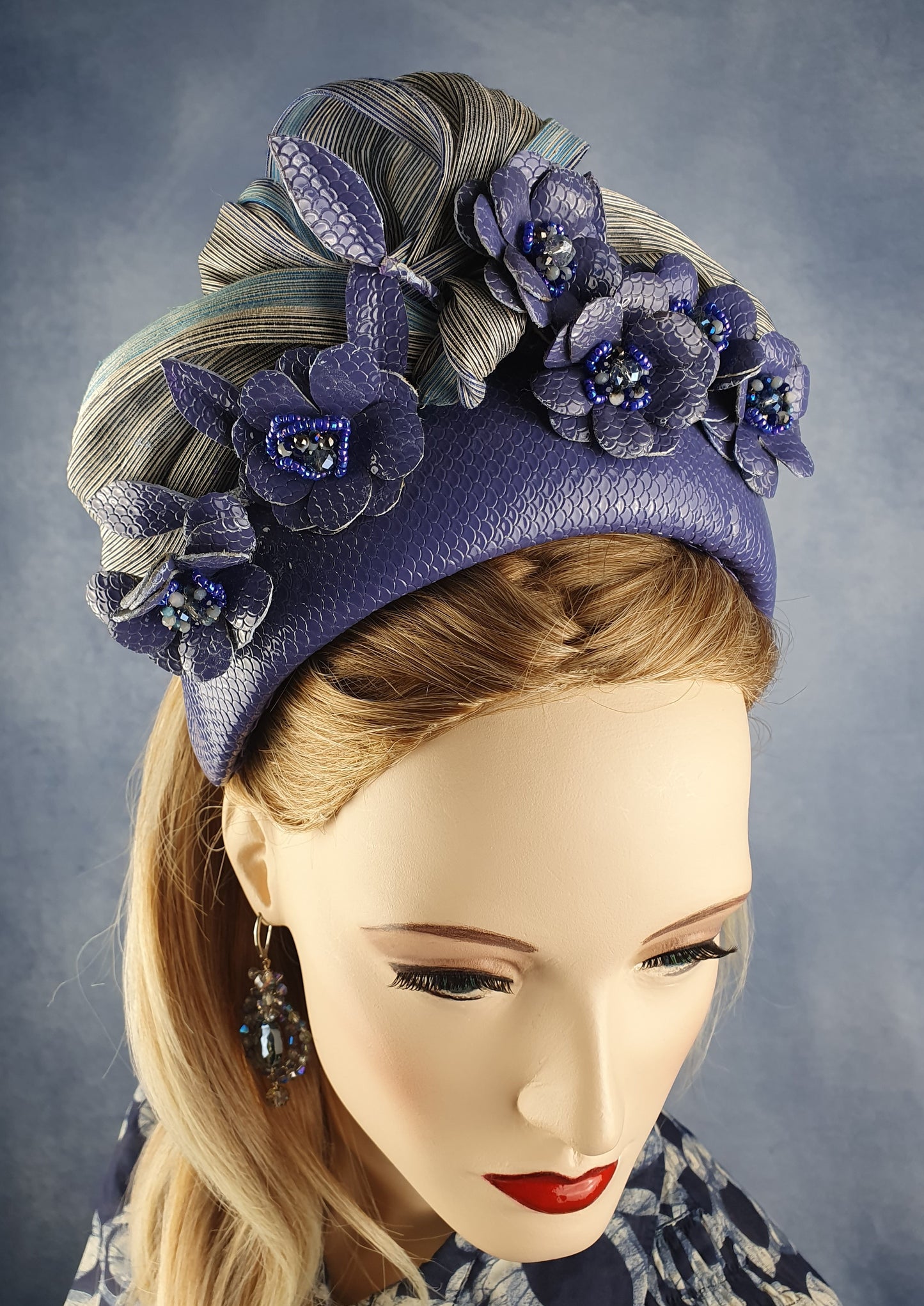 Handmade purple and blue headband from natural leather with flowers and silk abaca - beautiful headband, festive unique diadem