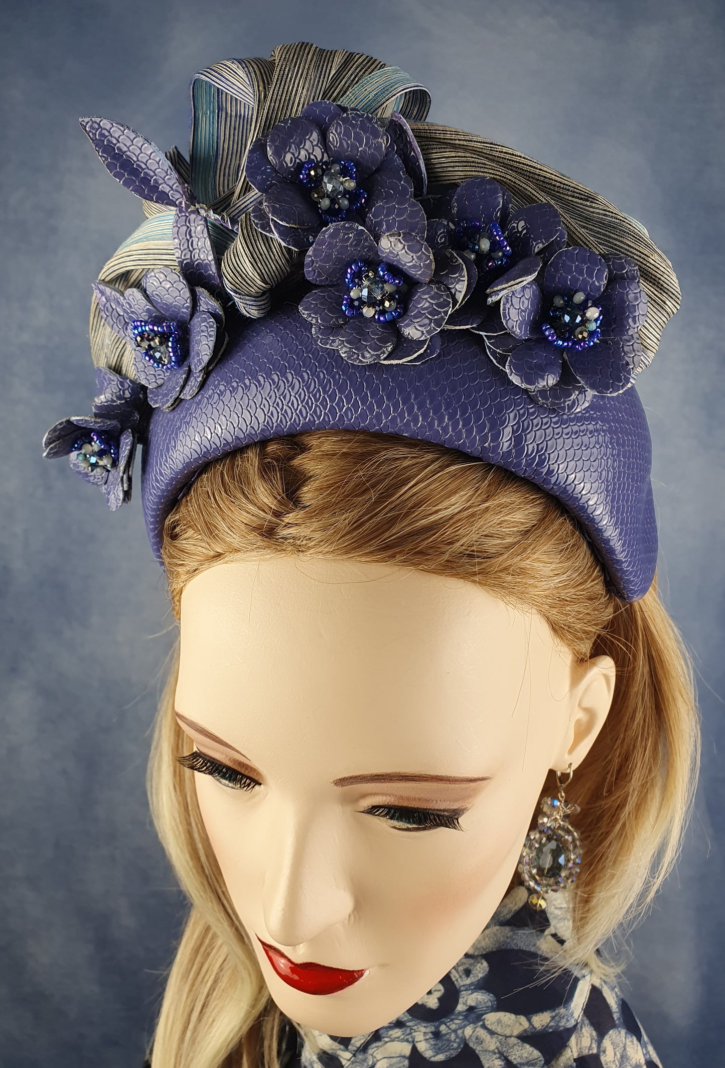 Handmade purple and blue headband from natural leather with flowers and silk abaca - beautiful headband, festive unique diadem