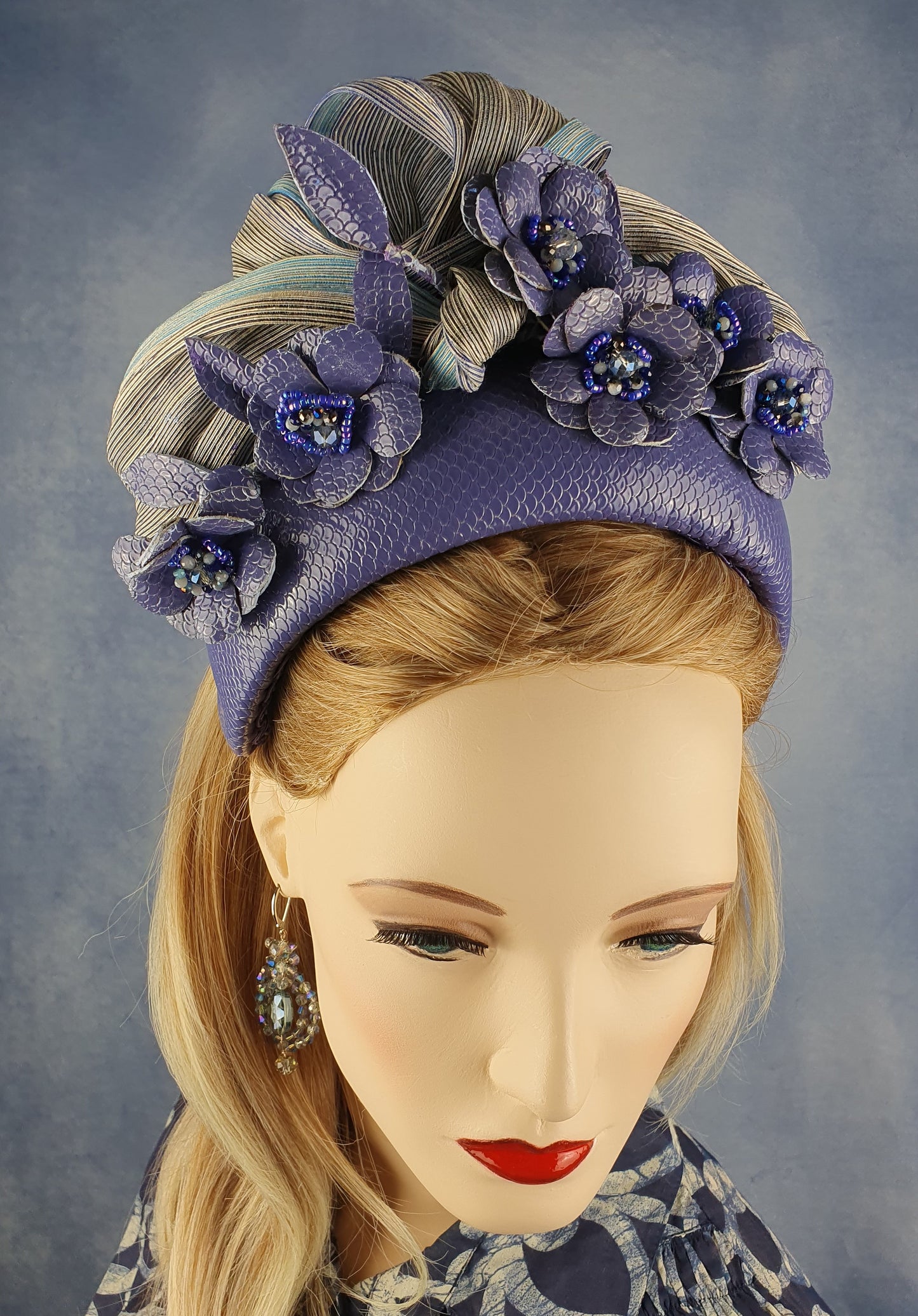 Handmade purple and blue headband from natural leather with flowers and silk abaca - beautiful headband, festive unique diadem