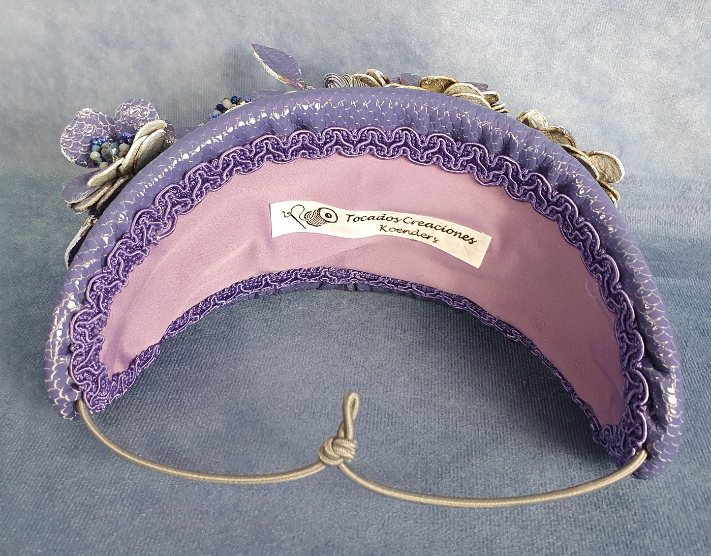 Handmade purple and blue headband from natural leather with flowers and silk abaca - beautiful headband, festive unique diadem