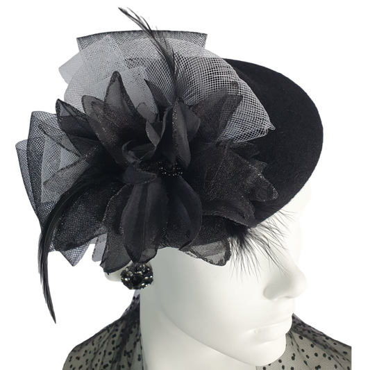 Handmade Fascinator from black felt with crinoline flower with rooster feathers, elegant headdress for women, perfect for special occasions
