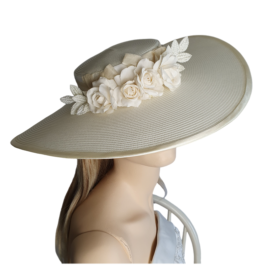 Pamela ladies hat, elegant wedding hat in beige polypropylene, for wedding guests with abaca silk, perfect for summer events
