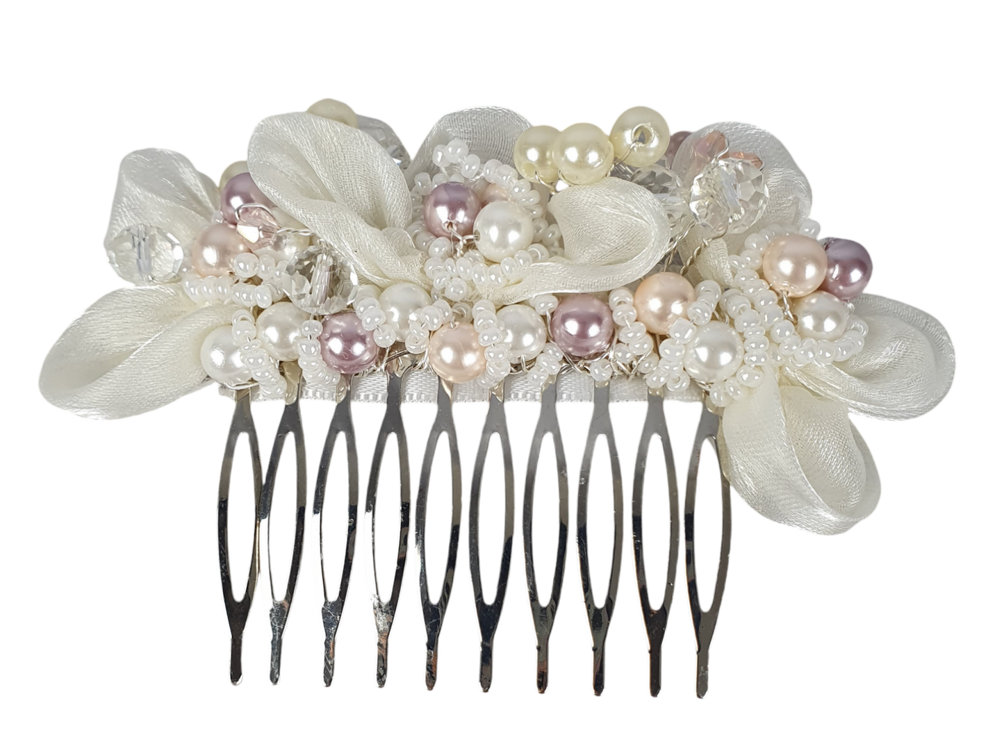 Handgemaakte bruidskam met parels en kristallen kralen - van organza stof, haaraccessoire voor bruiloften, zilverkleurige metalen kam