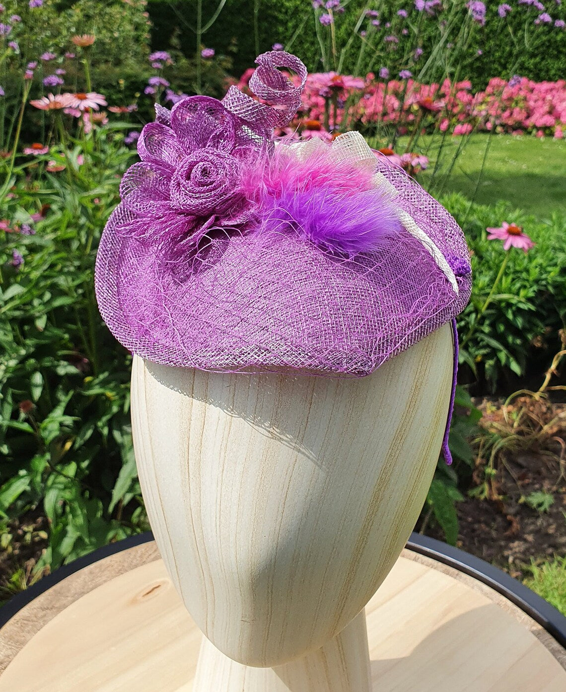 Fascinator handmade purple sinamay, with feathers and veil, metal headband, headdress - Perfect for festive occasions
