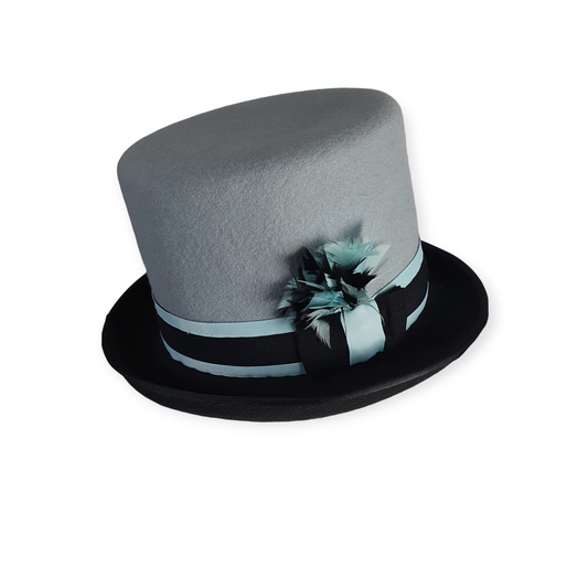 Sombrero de fieltro hecho a mano con plumas de faisán, azul con sombrero de copa gris oscuro, sombrero unisex, sombrero victoriano - perfecto para ocasiones especiales