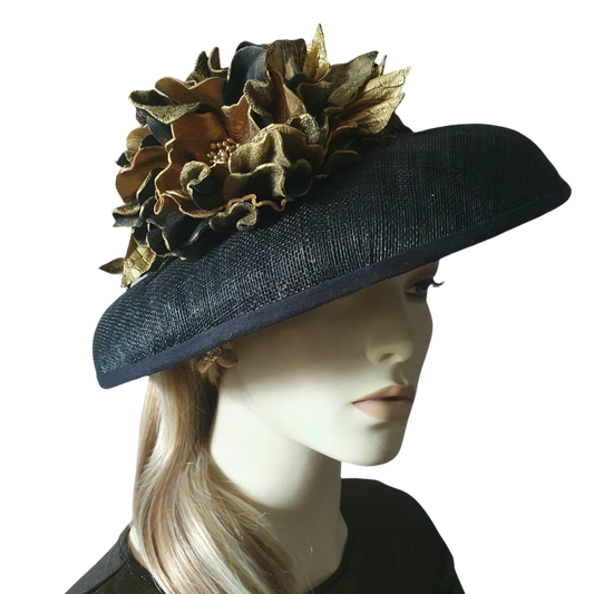 Elegant handmade fascinator from sinamay abaca silk and natural leather flower, guest headdress, ladies hat, special events