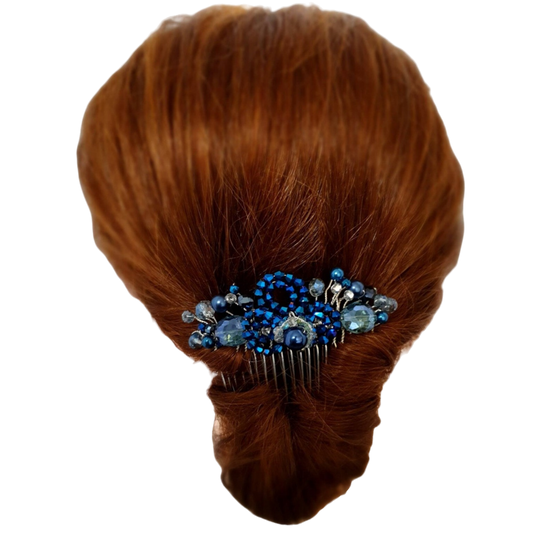 Peineta azul hecha a mano, con perlas y cuentas bincone - para una ocasión especial, accesorio elegante para el cabello, peineta de boda