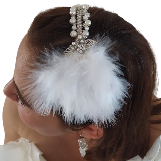 Tiara nupcial con plumas de cisne y perlas tiara de boda- Boda nupcial de tiara hecha a mano, tiara de evento de tocado, accesorios para el cabello