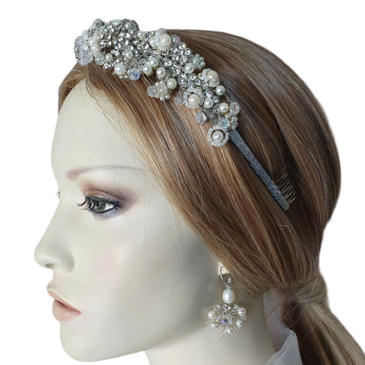 Tiara de boda con piedras de cristal y perlas, hecha a mano, tiara nupcial, diadema nupcial, tiara nupcial, tiara de damas, evento especial