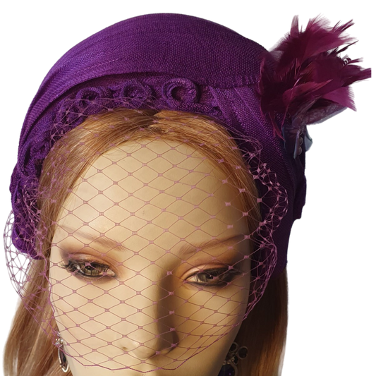 Headband purple abaca silk with veil handmade, for a special occasion. Fascinator, Tiara, Hairband