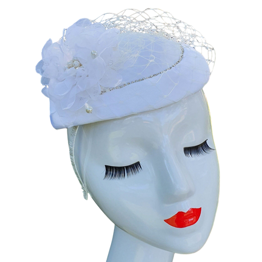 Handmade round white/fascinator millinery of flower with silk, lace veil, satin fabric, pearls, brooch with pearls and stones