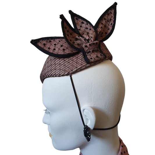 Handmade fascinator pink with black, polypropylene material, wedding headdress, elegant ladies hat for special occasion
