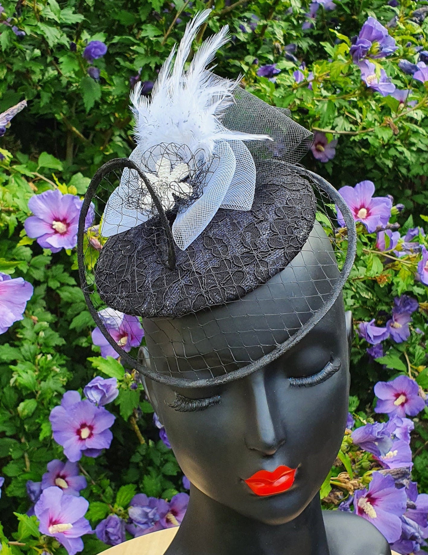 Fascinator black with crinoline and lace, handmade women's headpiece, guest headdress, bridal headdress, special events