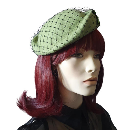 Unique green beret hat, handmade with lace veil, winter hat, fascinator, guest hat, event, wedding, special occasions