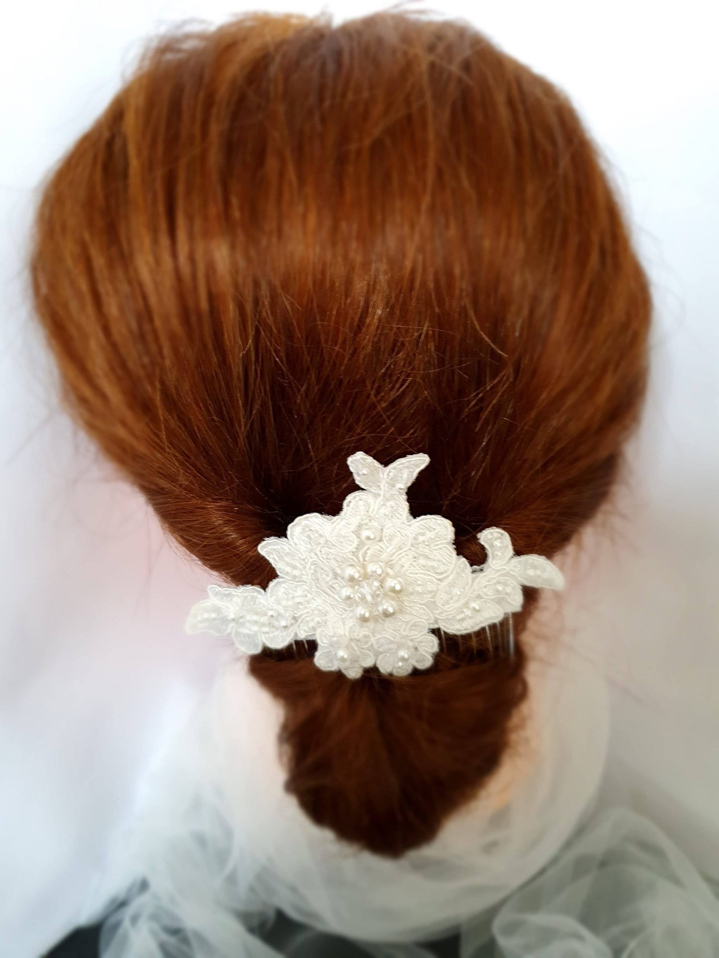 Modern handmade bridal hair comb with white beads and pearls - metal hair comb