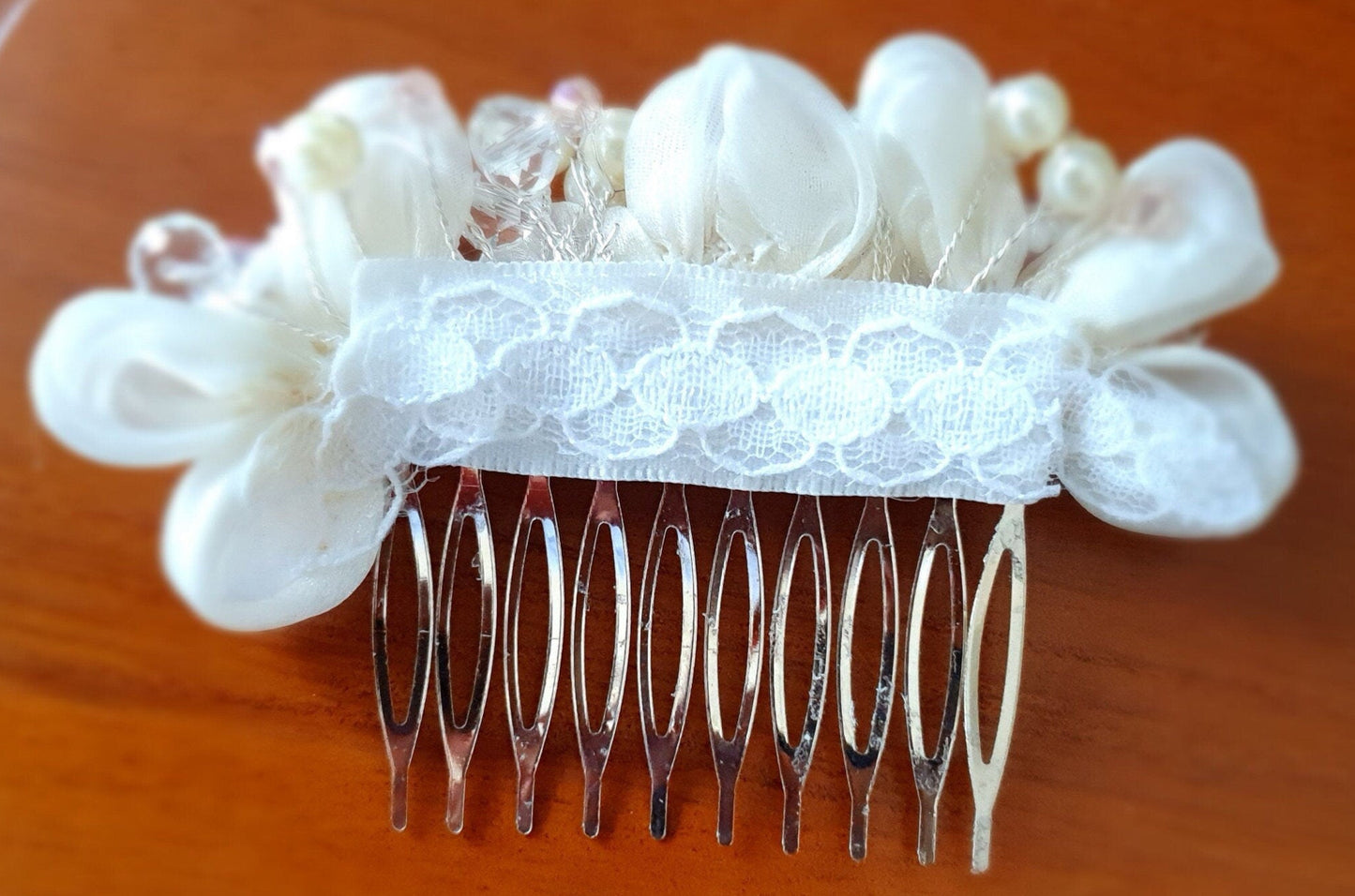 Handmade bridal comb with pearls and crystal beads - from organza fabric, hair accessory for weddings, silver-colored metal comb