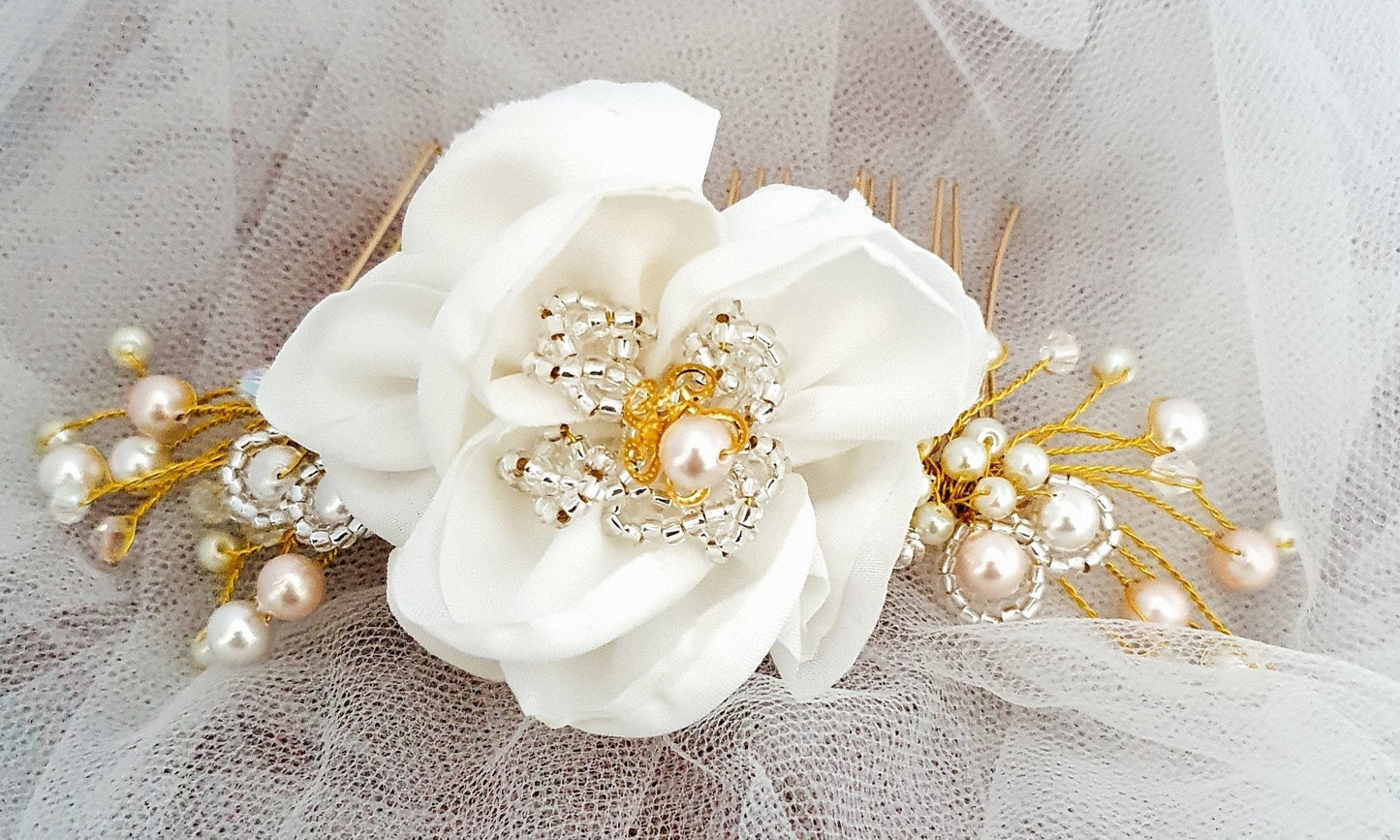 Bridal comb with silk flower and pearls - Handmade with pearls, beads, elegant hair accessory, comb for wedding, special events