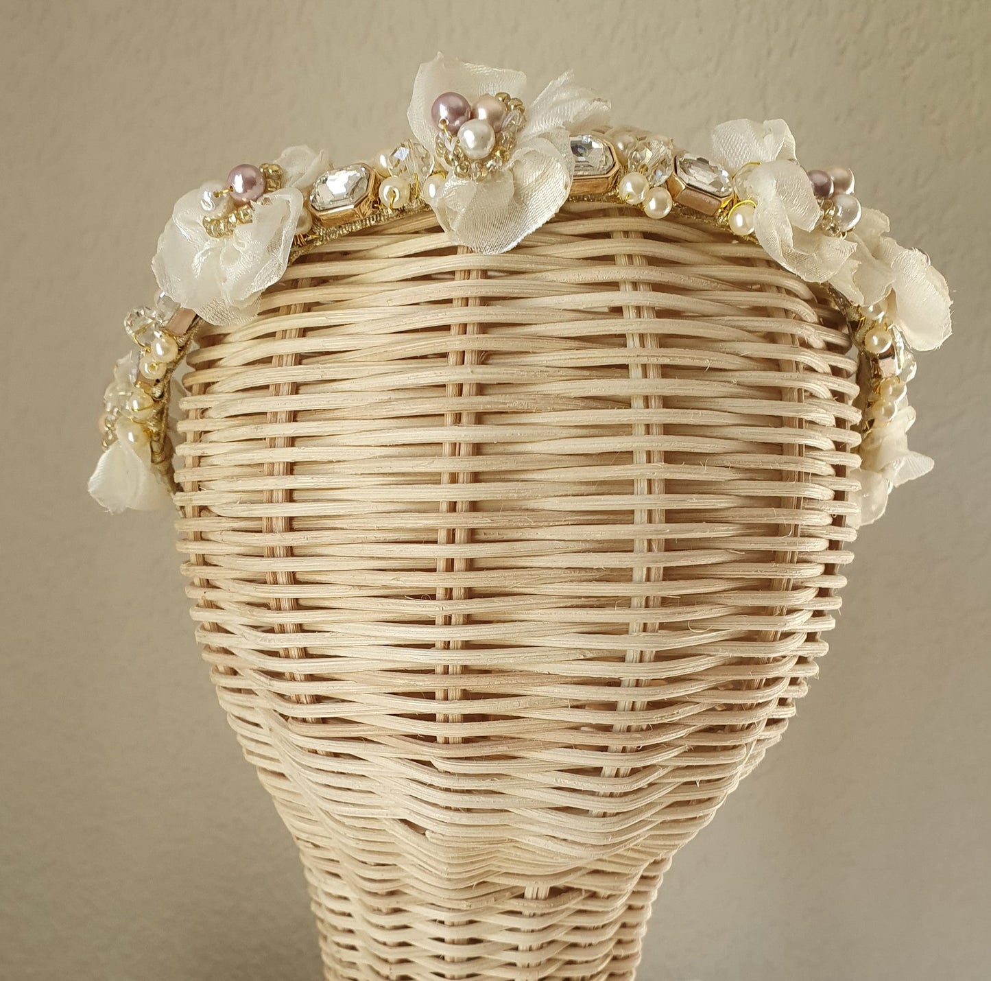 Handmade headband ivory colored with pearls organza fabric - Beautiful headband, unique festive diadem, wedding, special occasion