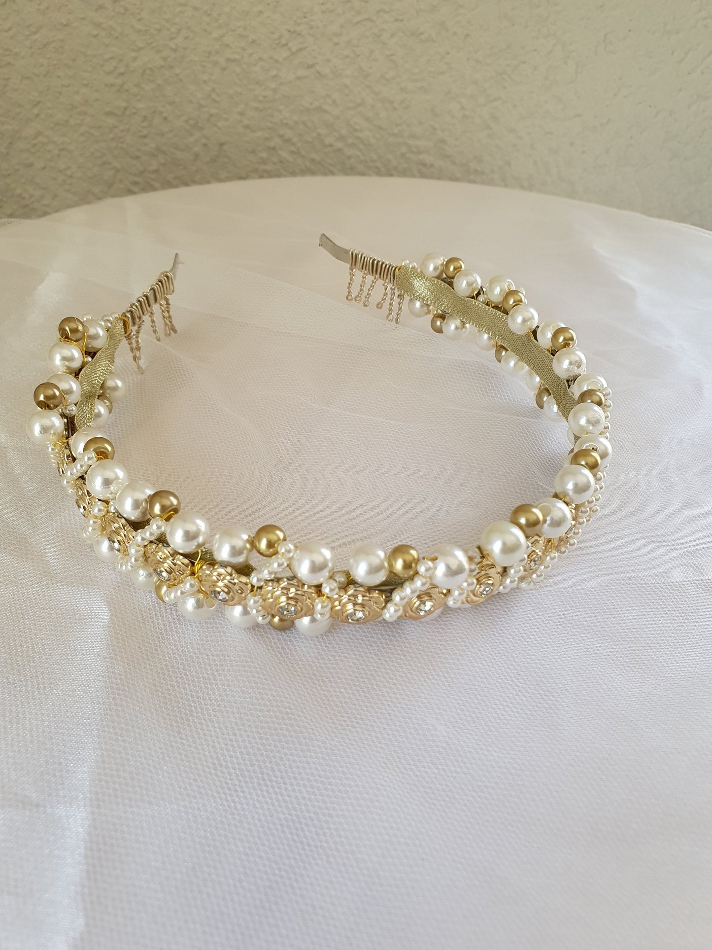 Handmade headband with pearls and gold plastic roses - Beautiful headband, unique festive diadem, wedding, special occasion