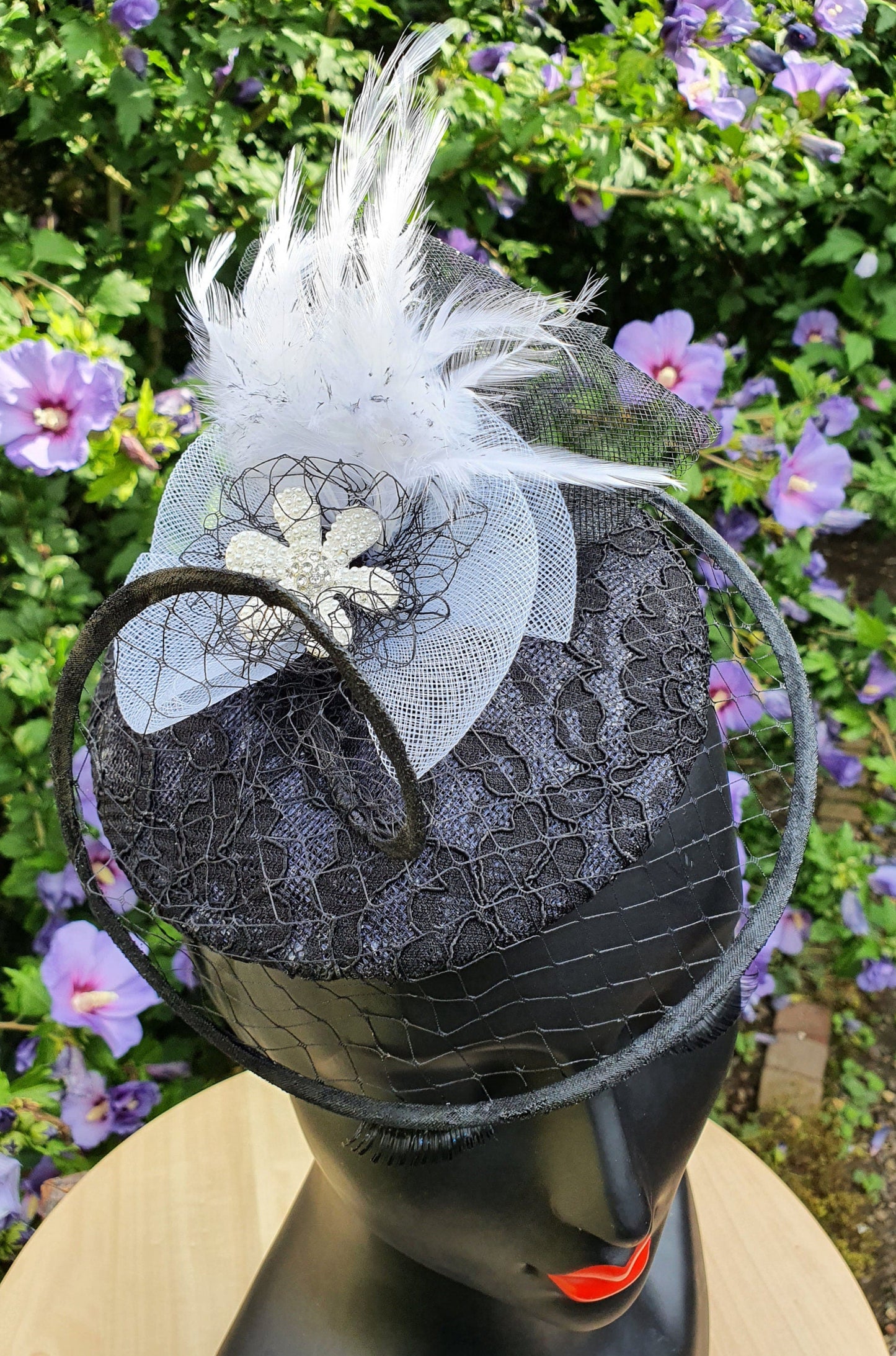 Fascinator black with crinoline and lace, handmade women's headpiece, guest headdress, bridal headdress, special events