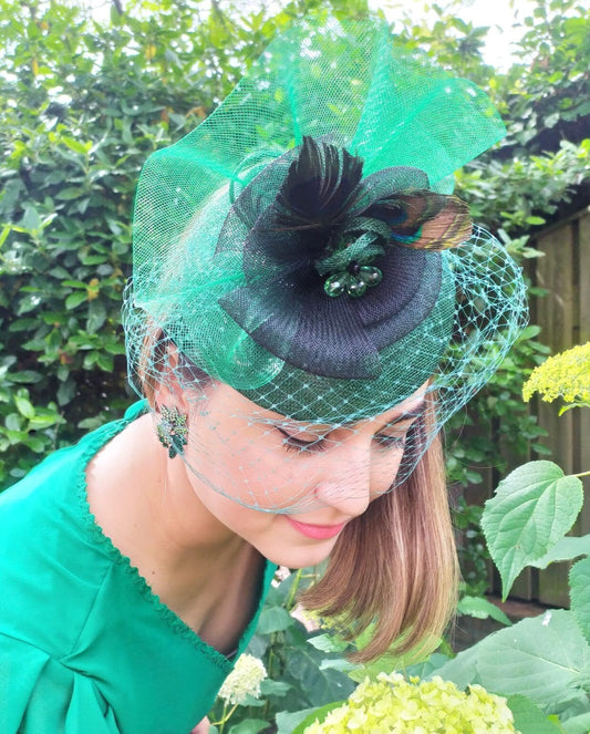 Handmade, fascinator with sinamay turkey feather crinoline, ladies hat, guest headdress, wedding, special events