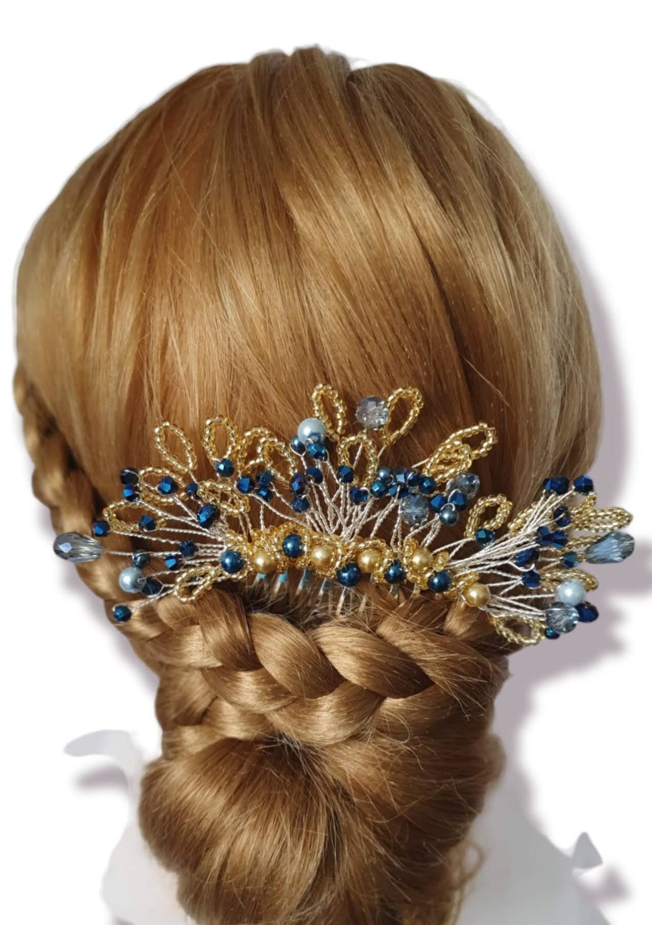 Handmade bridal comb with blue pearls and drop stones - elegant hair accessory for weddings and parties, silver-colored metal comb
