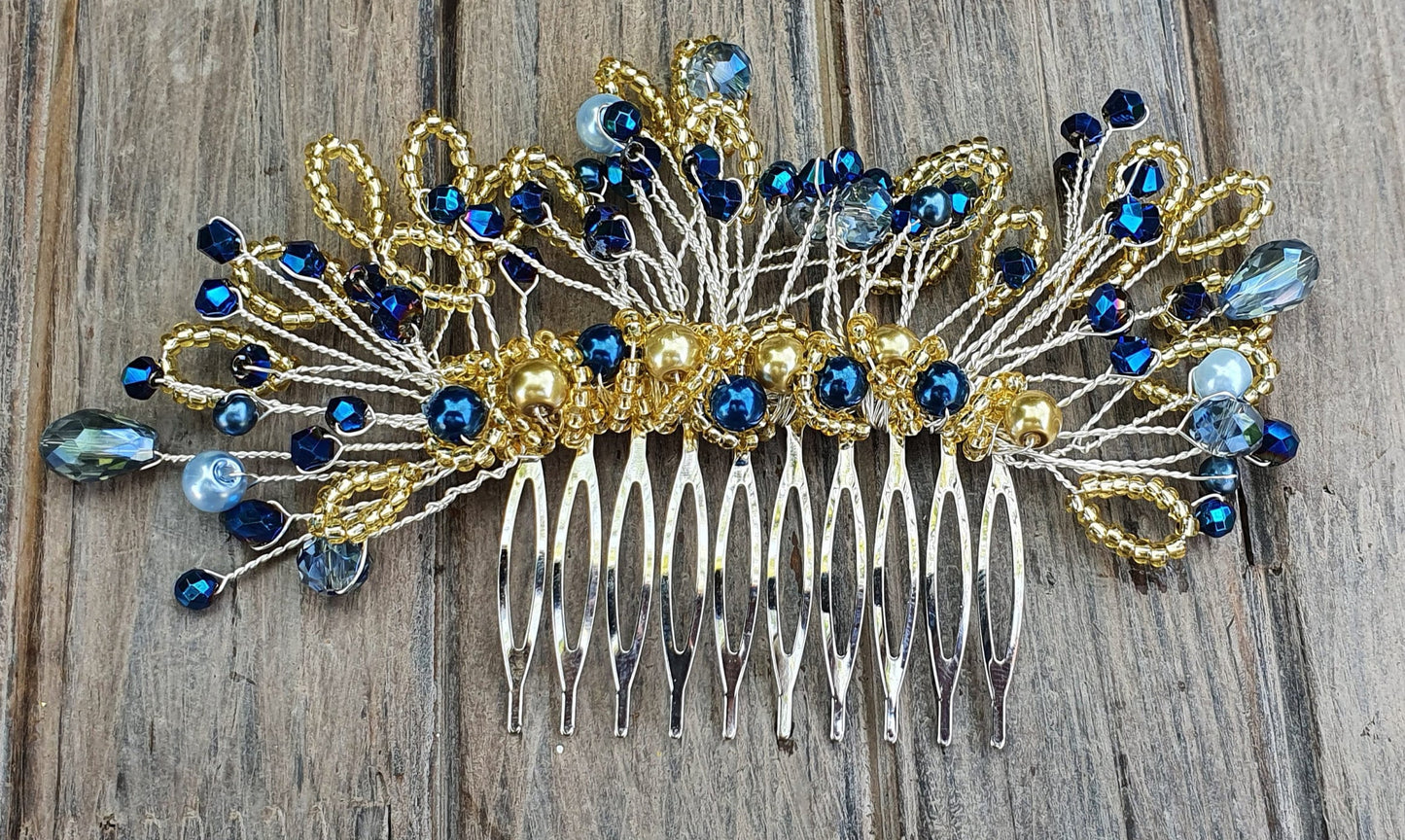 Handmade bridal comb with blue pearls and drop stones - elegant hair accessory for weddings and parties, silver-colored metal comb