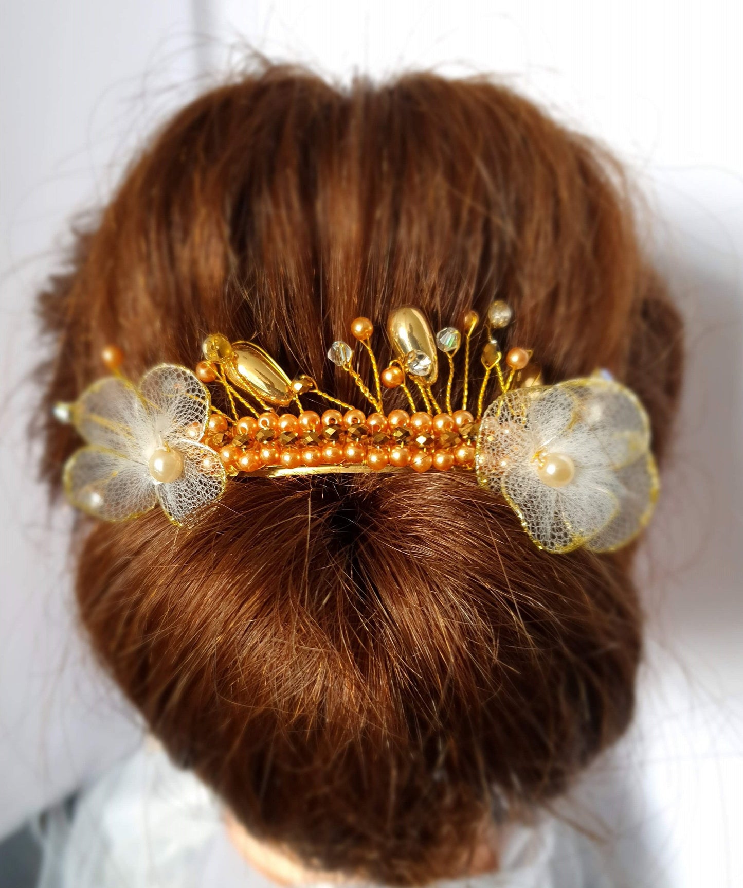 Accesorio para el cabello de novia con pinza para el cabello pequeña hecha a mano, accesorio elegante para el cabello para bodas, invitados y fiestas, peine de metal en tono dorado