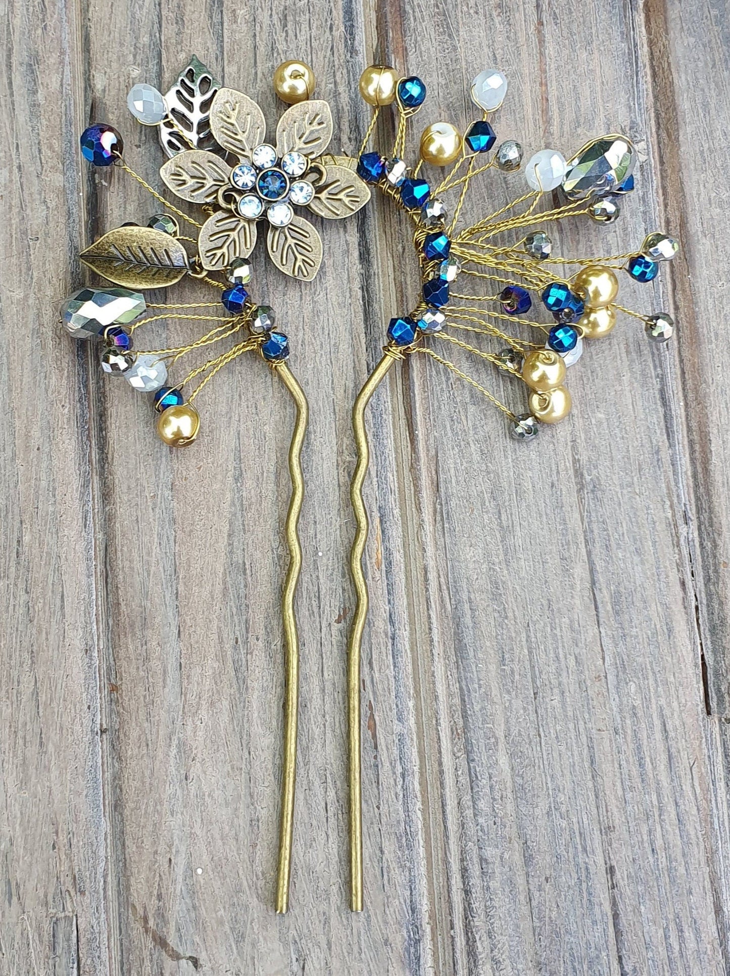 Peineta elegante hecha a mano con peineta de metal color cobre y piedras azules - peineta de novia, accesorios para el cabello