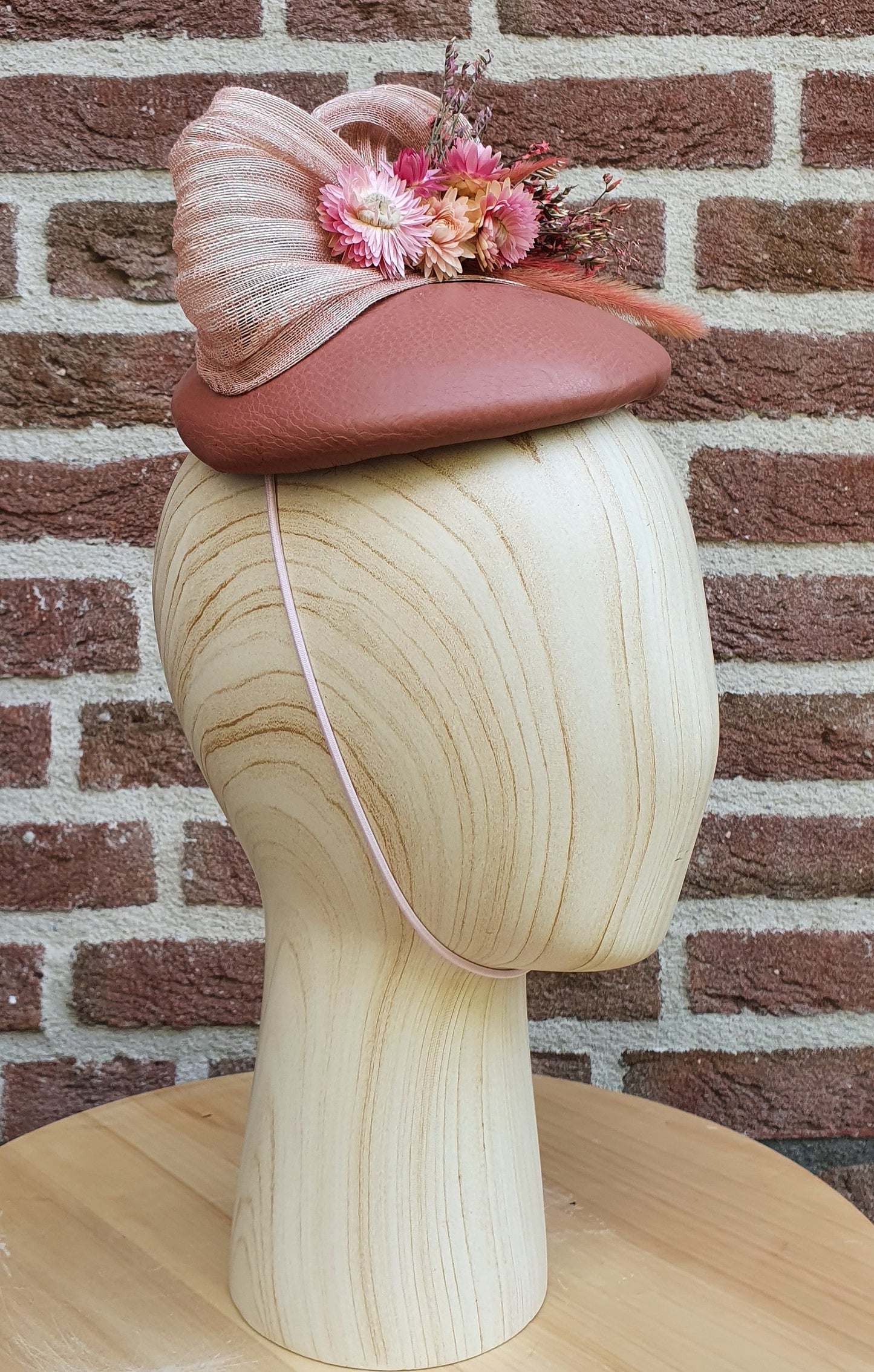 Handmade pink fascinator with natural leather guest hat, elegant headdress - for a wedding or special occasion