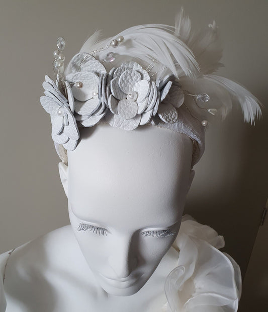 Handmade white Headband from natural leather with swan feathers - Elegant headband, wedding headband, bridal tiara special occasion.